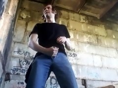 Outdoor wank and cum in ruined building