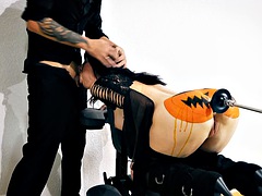 Halloween video - Anal fucking by my sex machine until pissing with pleasure + throat blowjob