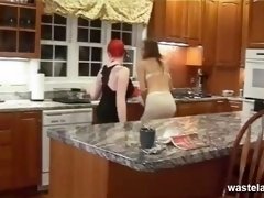 Ruby Haired Femdom And Submissive Play Lesdom Games In The Kitchen