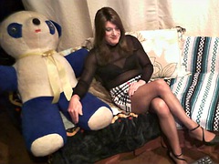 Crossdresser in Sexy Plaid Short Skirt and Pantyhose Humps