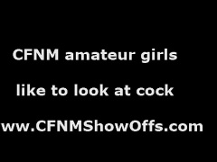 CFNM babe giving naked guy a handjob for group of girls