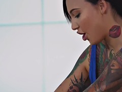 Tattooed gym babe fucked in the shower then jerks and sucks